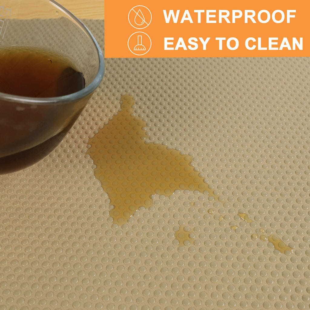 FLPMIX Shelf Liners for Kitchen Cabinets: 17.7" Wide Waterproof Non-Adhesive Drawer Liner - 17.7" x 96" Khaki Easy to Cut Cupboard Mat for Pantry Shelves