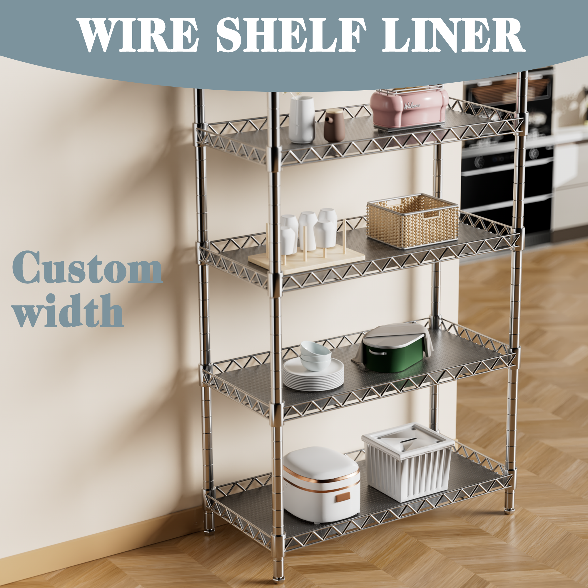 FLPMIX Wire Shelf Liner 16 inch Wide, Thick Pantry Shelf Liner, Standard Size (16 by 197 Inch, Transparent Grey), Easy to Cut, Waterproof Plastic Cabinets Drawer Liner