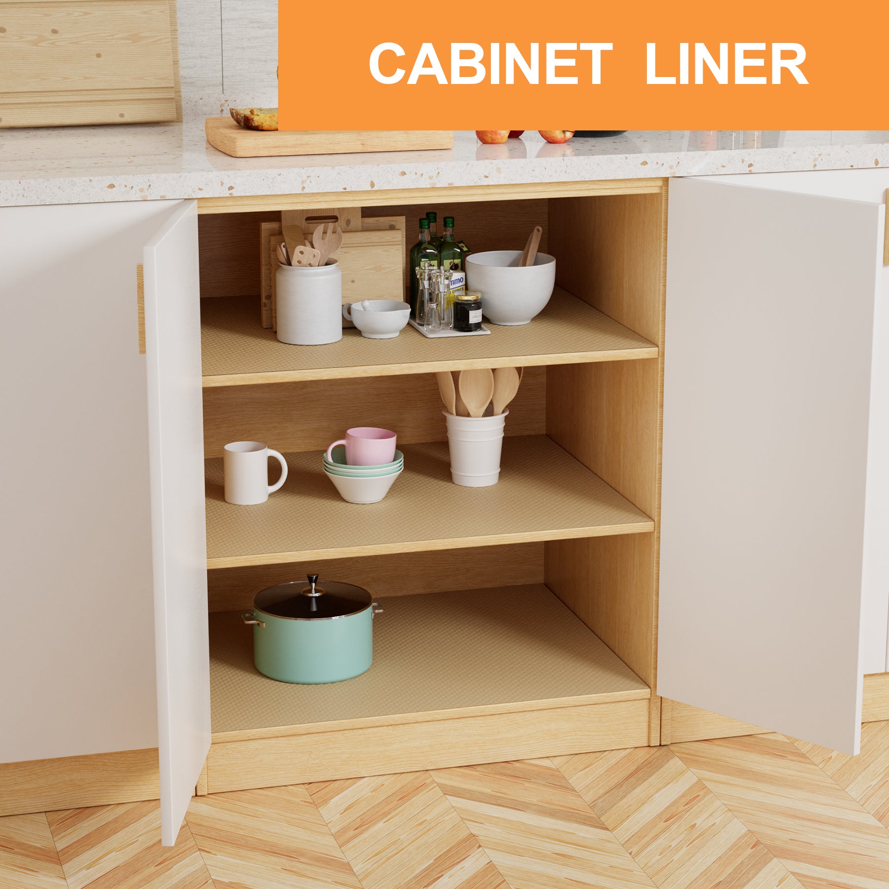 FLPMIX Shelf Liners for Kitchen Cabinets: 17.7" Wide Waterproof Non-Adhesive Drawer Liner - 17.7" x 96" Khaki Easy to Cut Cupboard Mat for Pantry Shelves