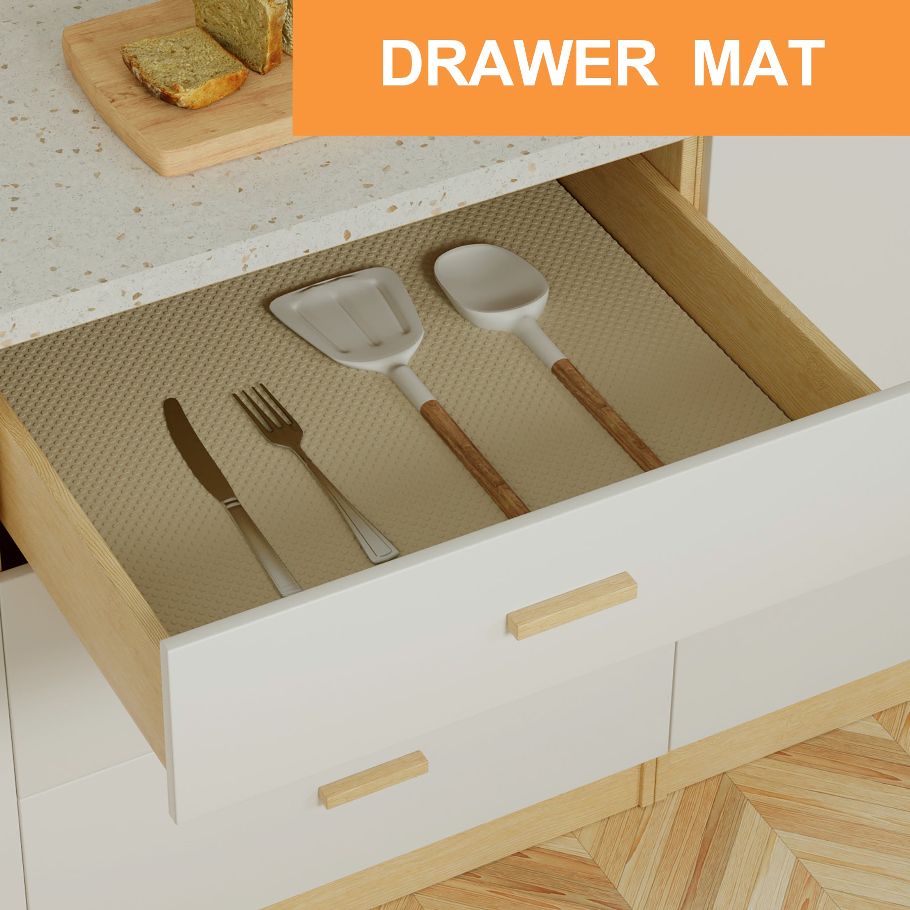 FLPMIX Shelf Liners for Kitchen Cabinets: 17.7" Wide Waterproof Non-Adhesive Drawer Liner - 17.7" x 96" Khaki Easy to Cut Cupboard Mat for Pantry Shelves